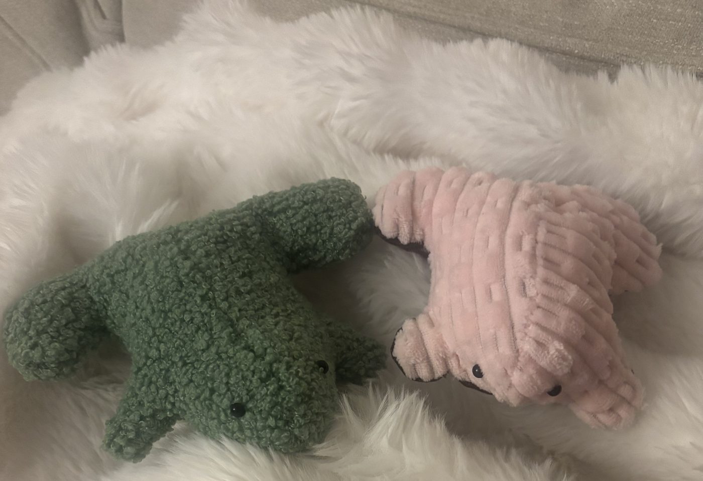 green and pink frog plush set
